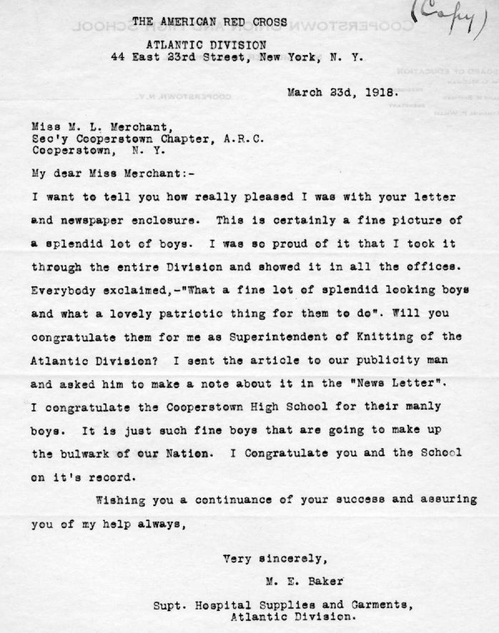 Cooperstown Boys Knit for the Front, World War I, 1918 (Letter) page 1