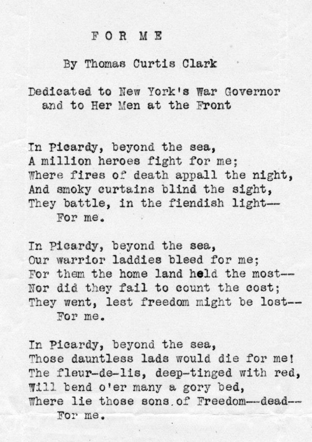 War Poem "For Me," by Thomas Curtis Clark, World War I, May 1918 page 1